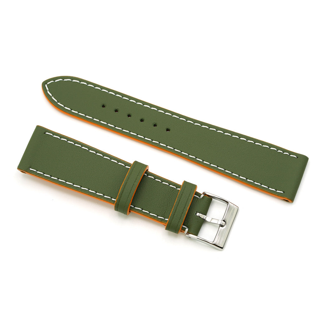 Watch Strap, LeMans Collection, Army Green Leather, Orange Contrast