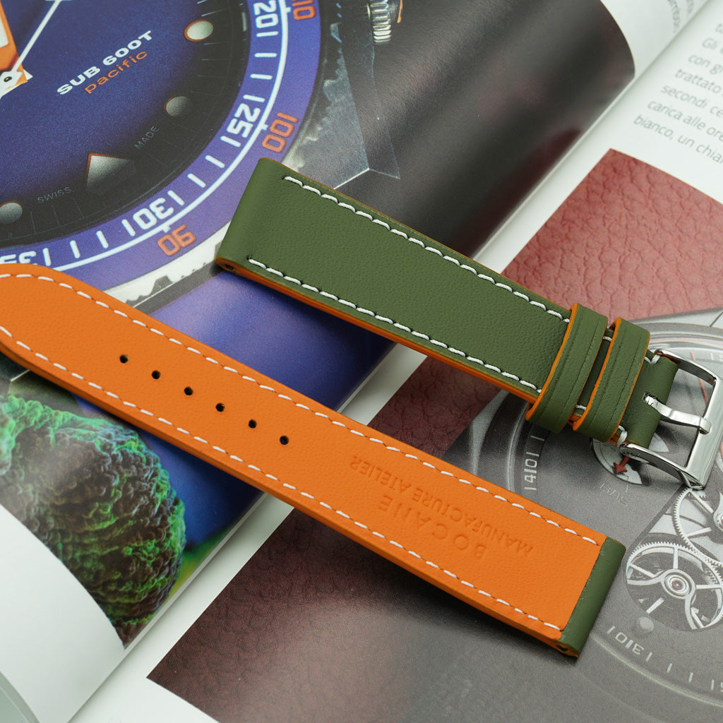 Watch Strap, LeMans Collection, Army Green Leather, Orange Contrast