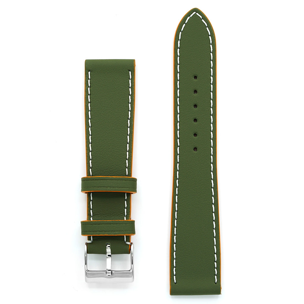 Watch Strap, LeMans Collection, Army Green Leather, Orange Contrast