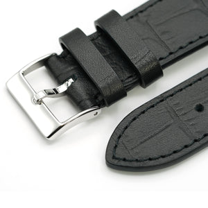 Leather Watch Strap, Matte Black, Crocodile Print, White Stitch