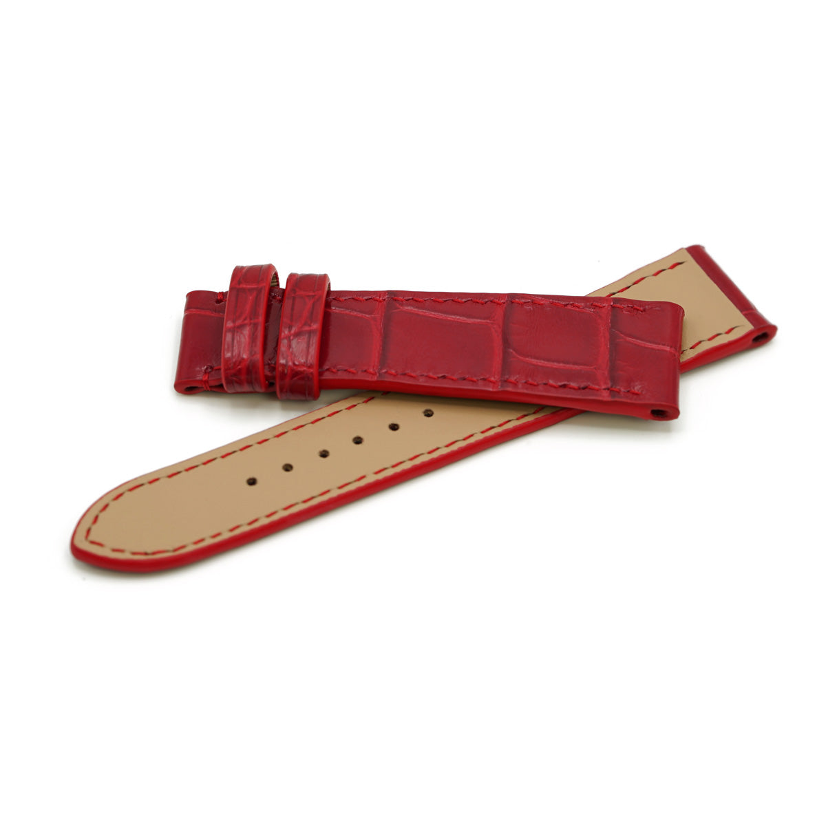 Glossy Red Square Scales Alligator Leather Watch Strap, Hand Stitched