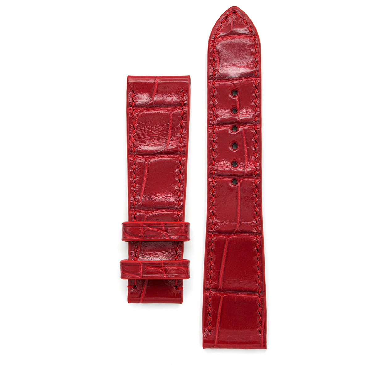 Glossy Red Square Scales Alligator Leather Watch Strap, Hand Stitched