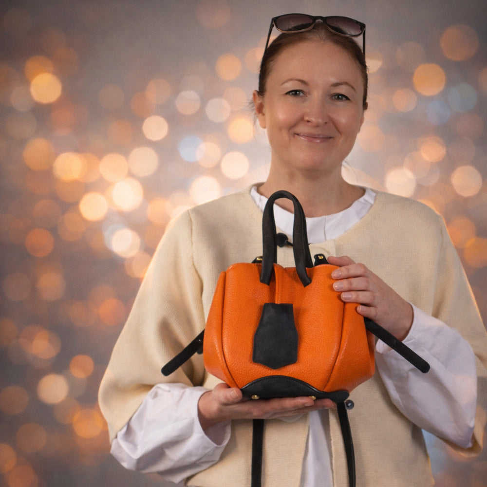 Bijou Pétale Bag, Textured Leather, Orange Leather &amp; Dark Chocolate Suede