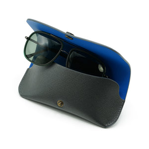 Saffiano Leather Glasses Case, Gray with Blue Accents