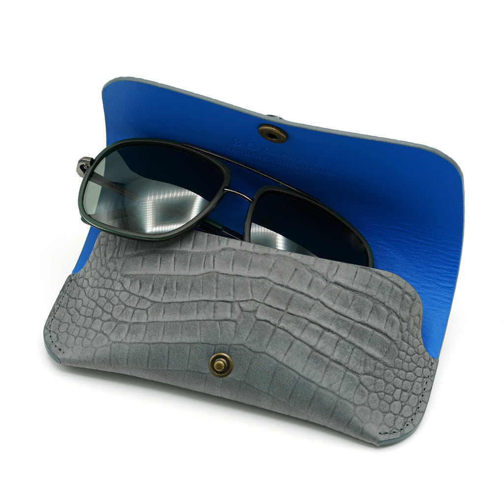Nubuck Leather Spectacle Case with Exotic Print, Gray with Blue Accents
