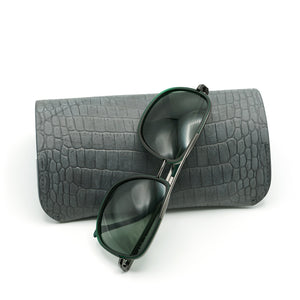 Nubuck Leather Spectacle Case with Exotic Print, Gray with Blue Accents