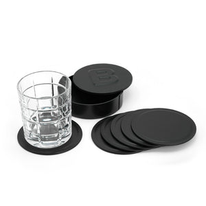 Set of 6 Cup Holders in an Elegant Box, made of Black Full-Grain Leather