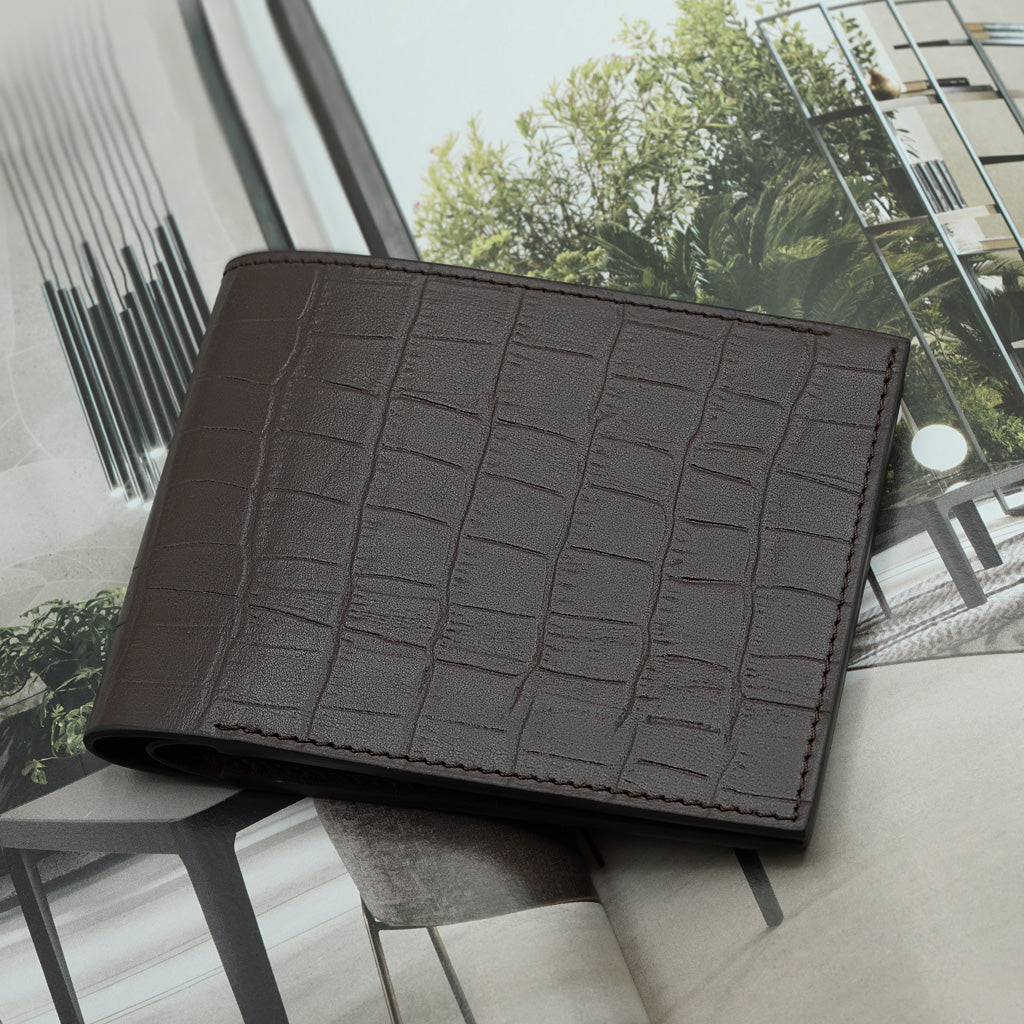 Slim Crocodile Print Leather Wallet in Cognac Brown