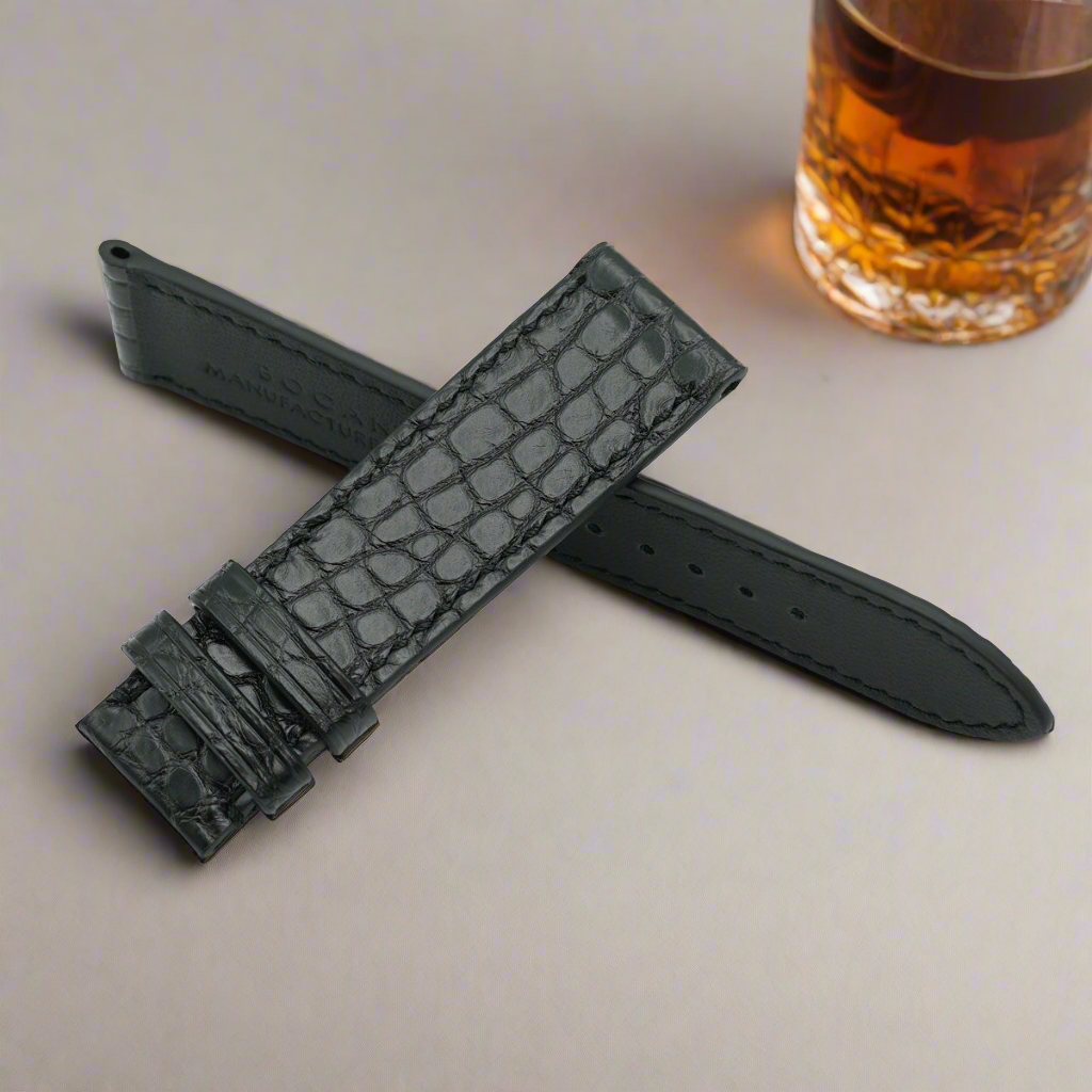 Alligator Leather Watch Strap, Round Scales, Semi-Matte Black, Hand Stitched