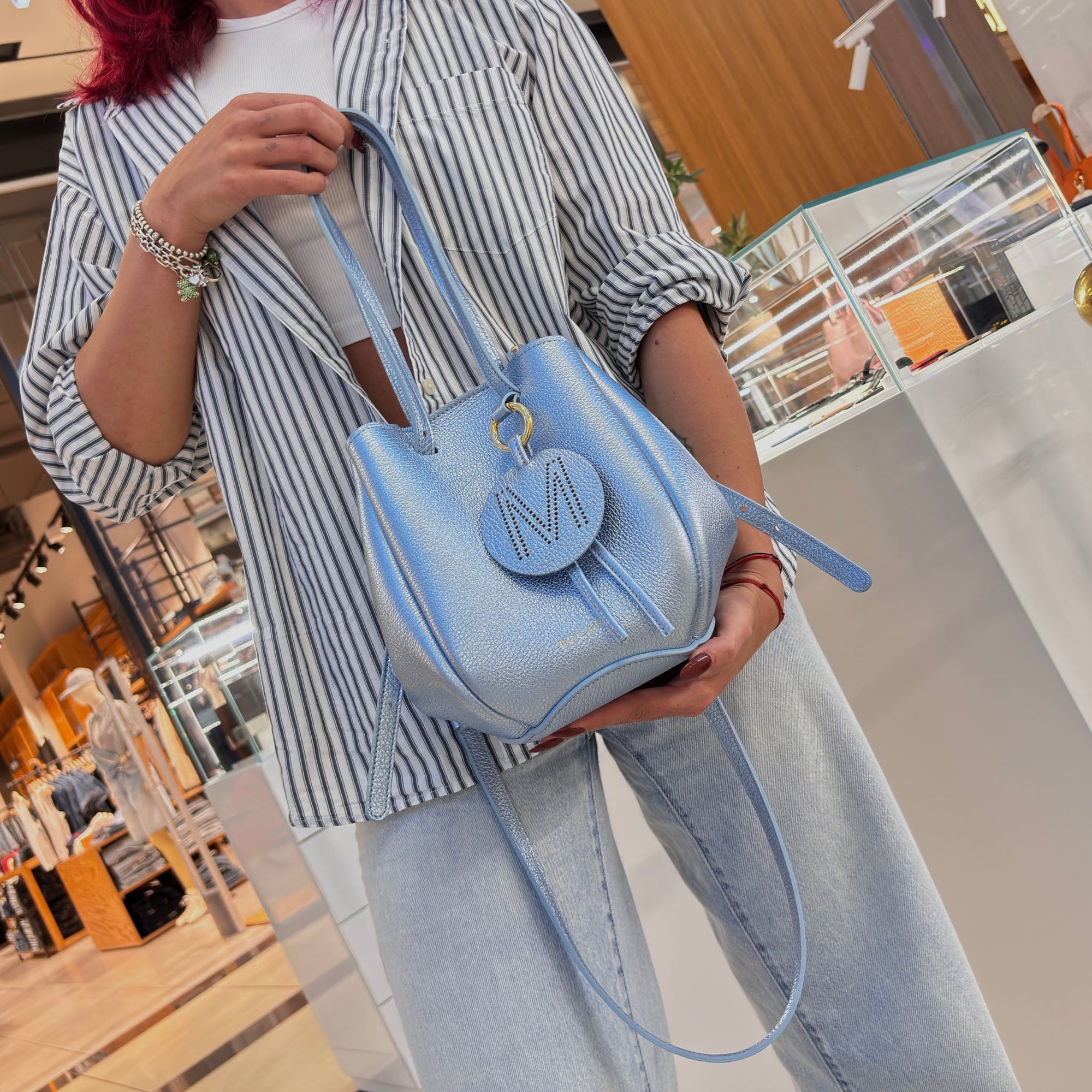 Mini Pétale Bag, Textured Leather, Shiny Pastel Blue, with Extras