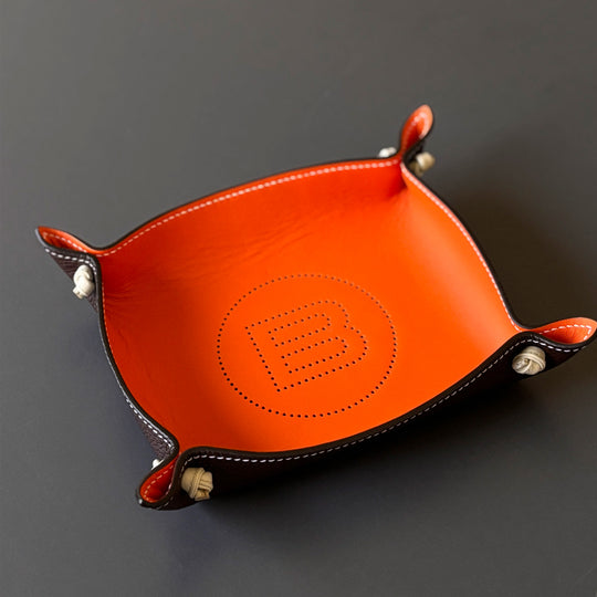 Fine Leather Tray, Contrast Espresso Brown - Orange