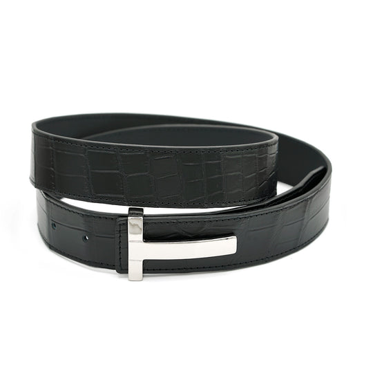 Black Alligator Leather belt, Rectangular Scales, Iconic Collection