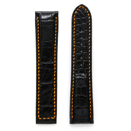 Watch Strap for Omega, Black Alligator, Padded, Orange Handstitch, MADE-TO-ORDER