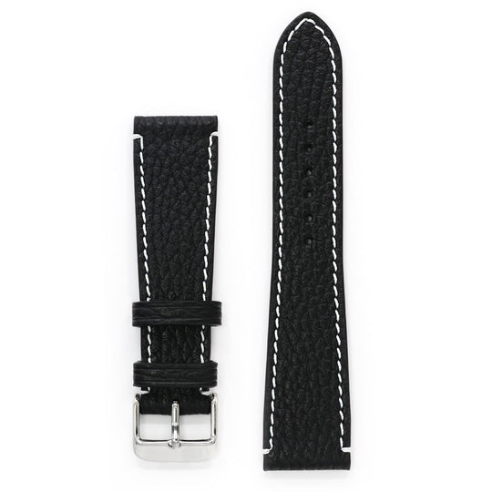 Black Leather Strap, Pebbled, Contrast Stitch, Medium Length