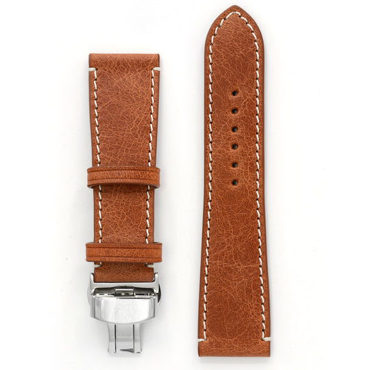 Watch Band, Antique Leather Cognac, Deployment Buckle, Medium Length