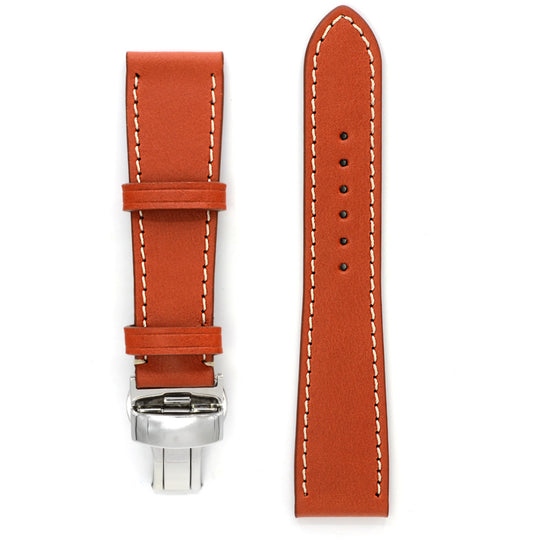 Watch Band with Contrast Stitch & Deployment Buckle, Rust Marble Leather, Medium Length