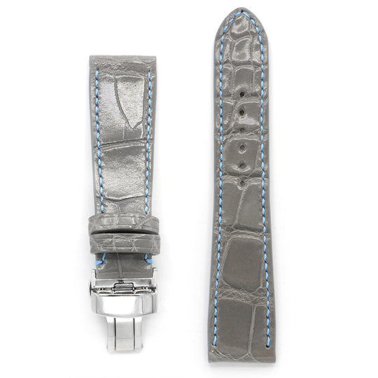 Alligator Strap, Grey Square Scales, Handsewn, Deployment Buckle, Medium Length