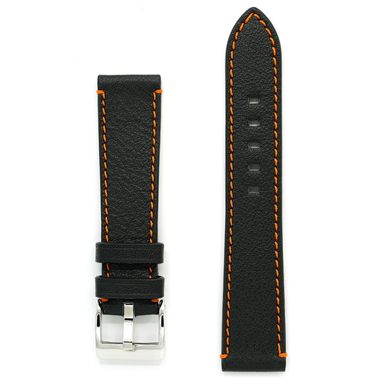 Black Leather Watch Strap, Orange Sewing, Medium Length
