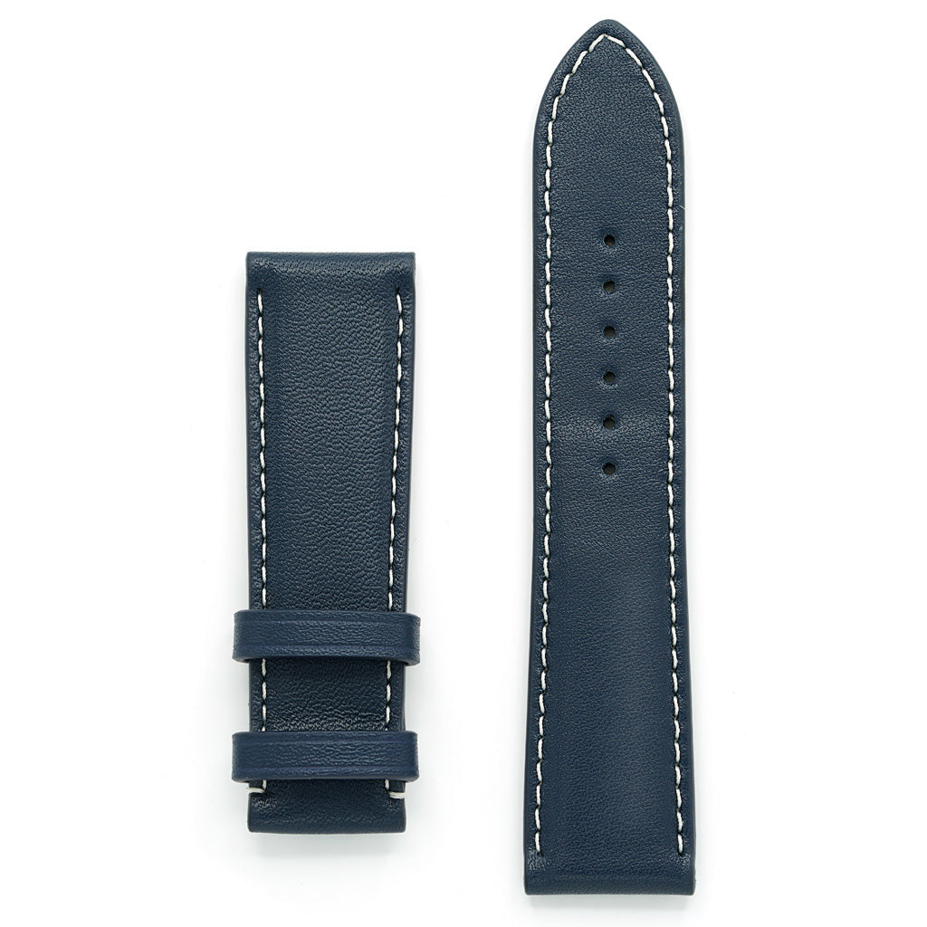 Curea de Ceas din Piele Full-Grain Albastru Navy, Cusatura in Contrast, Profil Bombat, Lungime Medie